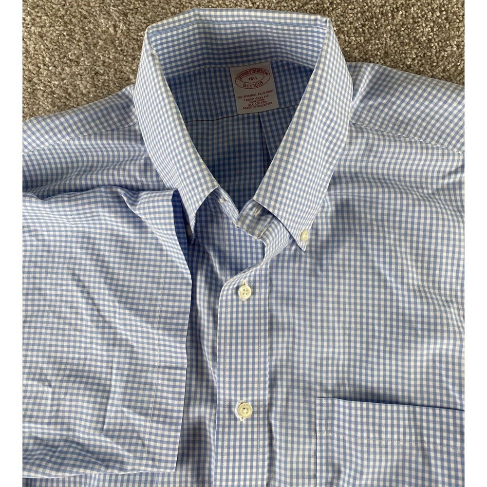 Brooks Brothers Blue Plaid Button Down 16.5 Shirt Mens XL Short Sleeve Non Iron